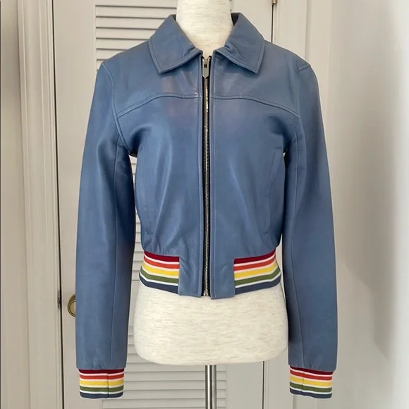 *RARE NWOT Hand Crafted The Mighty Company Blue Ribbed Leather Bomber Jacket XS